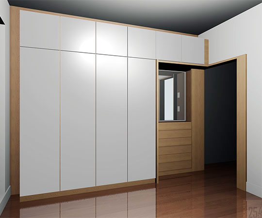 Design de mobilier de rangement mural pour chambre, avec tiroirs et penderie - 25point4